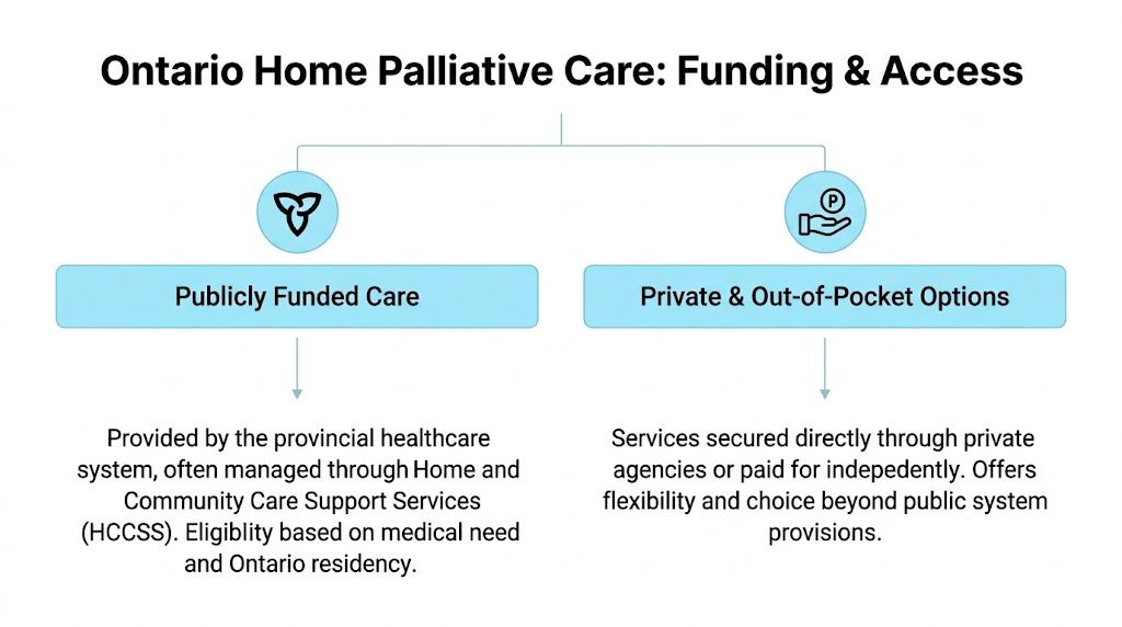 A diagram explaining the funding and access options for home palliative care in Ontario, Canada.