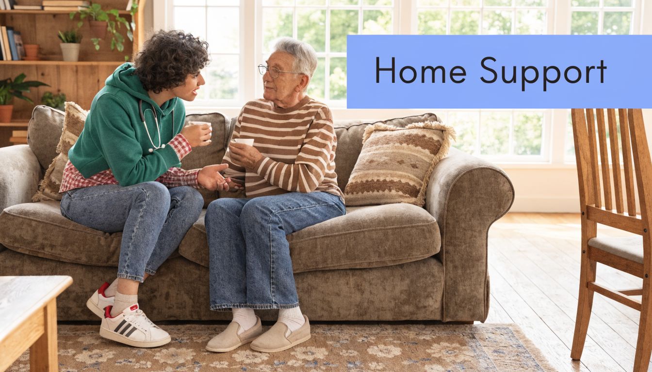 A friendly home healthcare worker sitting on a sofa and chatting with an elderly man at home.