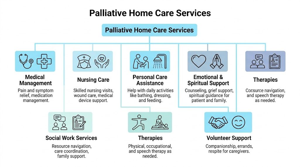 An organizational chart showing the various components and services included in professional palliative home care support.