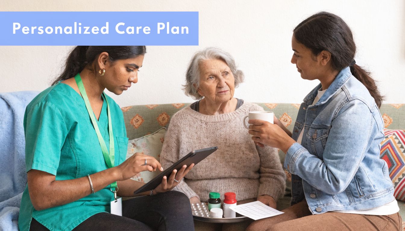 A healthcare professional discusses a personalized care plan on a tablet with an elderly woman and family member.