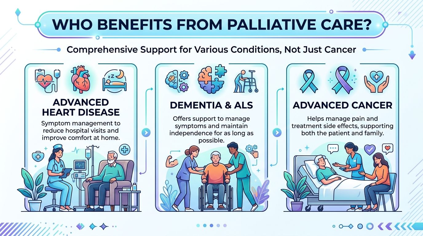 An infographic titled Who Benefits From Palliative Care, showing support for heart disease, dementia, ALS, and advanced cancer.