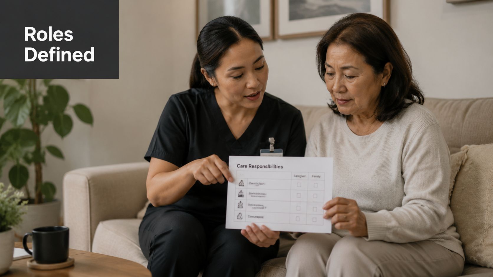 A professional caregiver discussing a care responsibility checklist with an elderly woman seated on a couch.