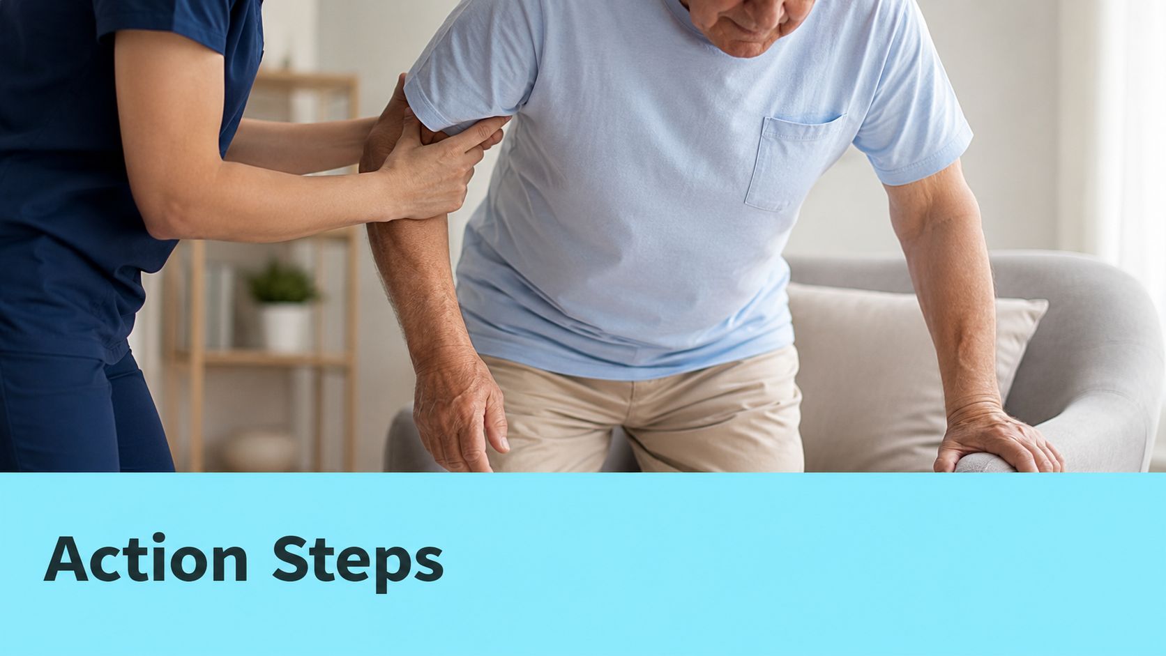 A healthcare professional assisting an elderly man as he stands up from a soft armchair.
