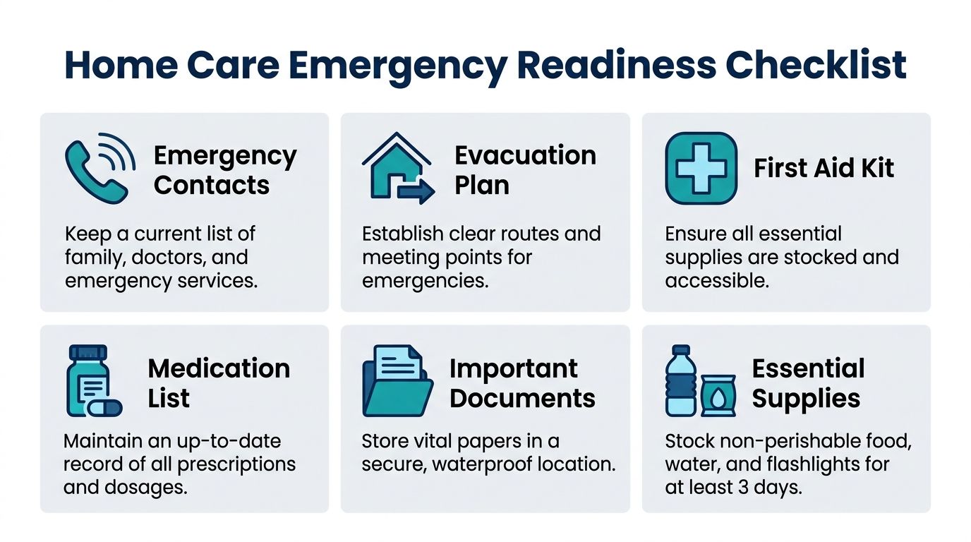 A checklist infographic titled Home Care Emergency Readiness listing essential items for family emergency preparedness planning.