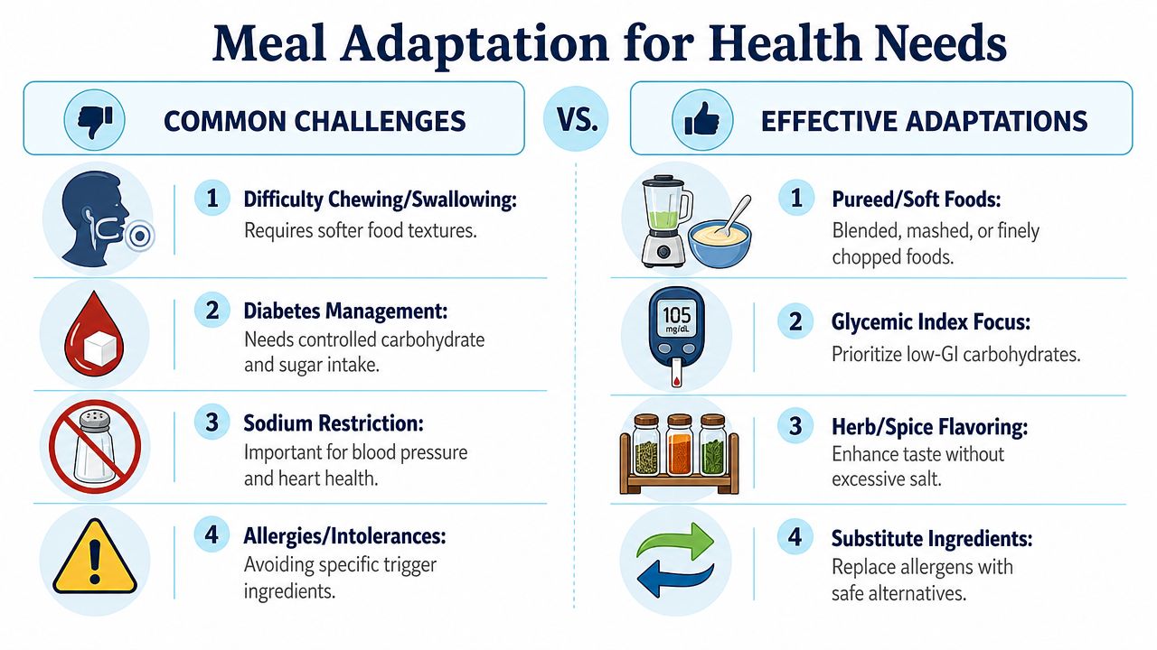 An infographic showing common health-related dietary challenges and their corresponding meal adaptation solutions for better nutrition.