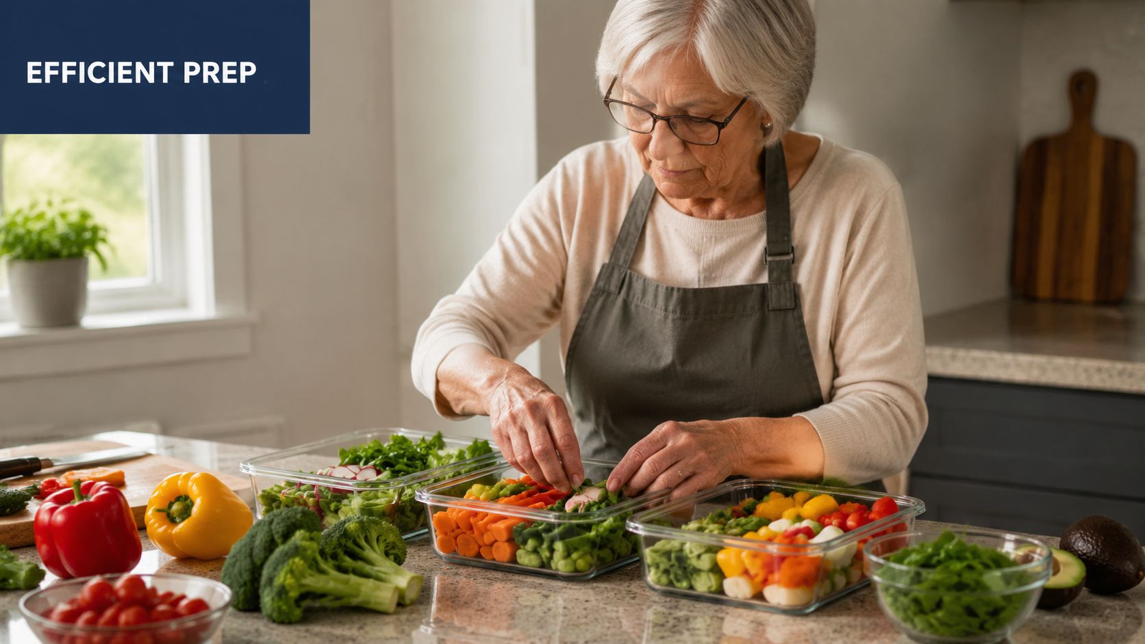 An elderly woman wearing an apron arranges fresh chopped vegetables into glass meal prep containers in her kitchen.