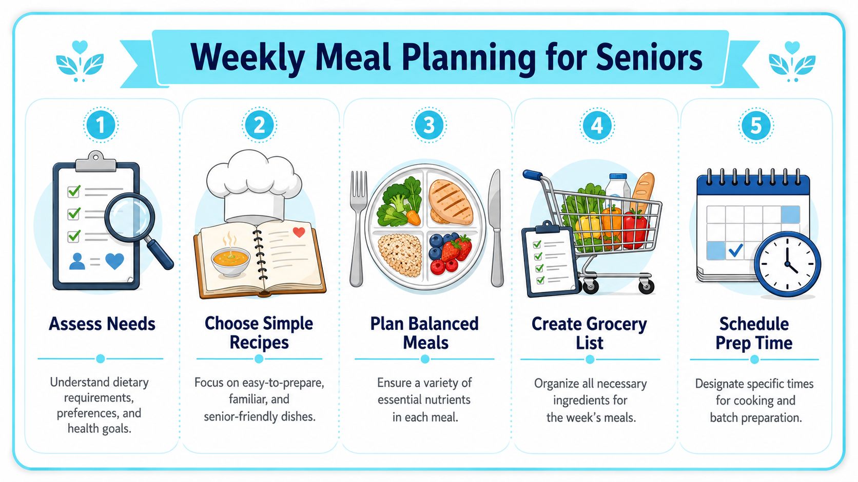 An infographic showing five steps for weekly meal planning for seniors with illustrations for each task.