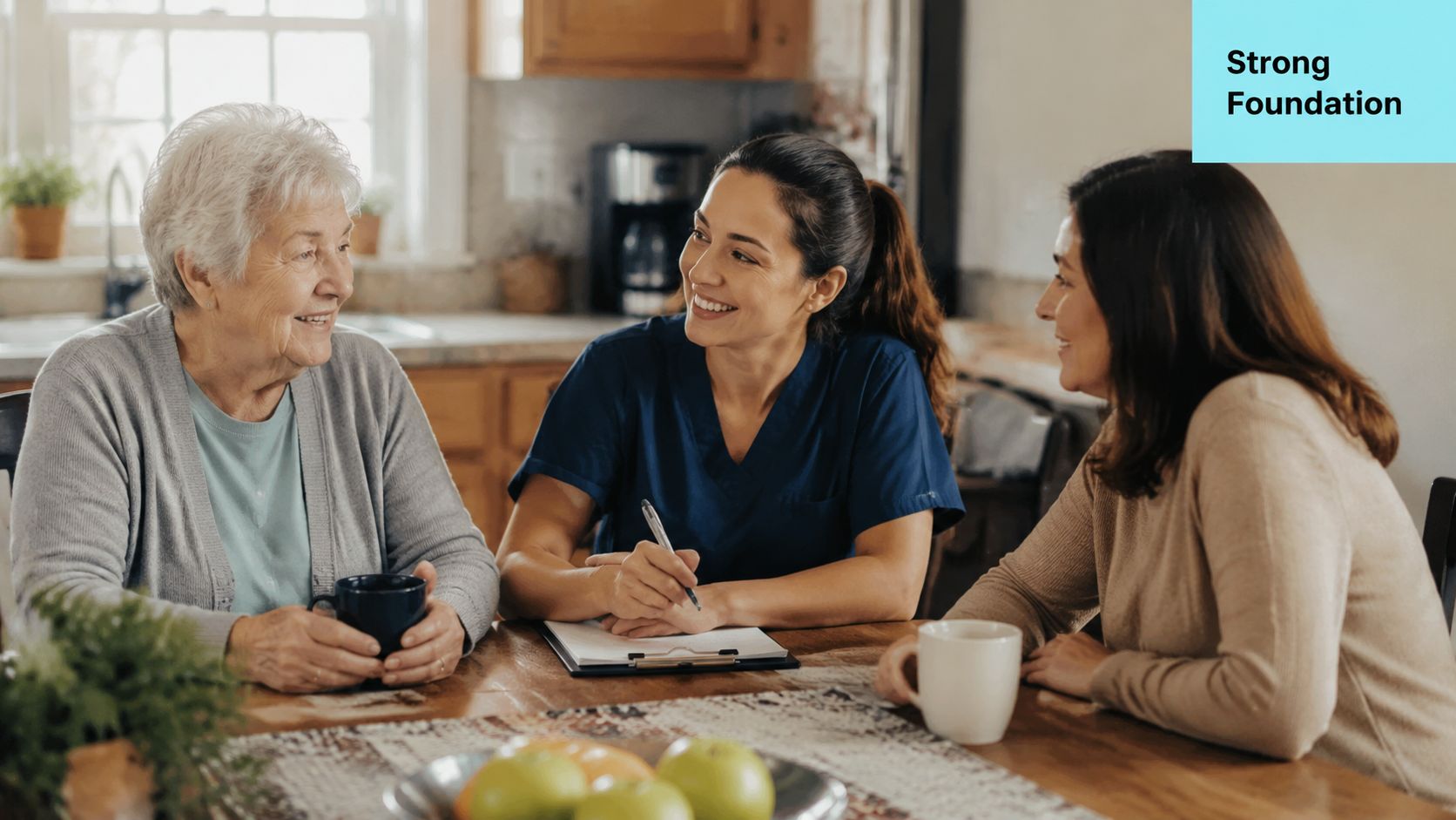 A smiling personal support worker talking with an elderly woman and her daughter in a home kitchen.