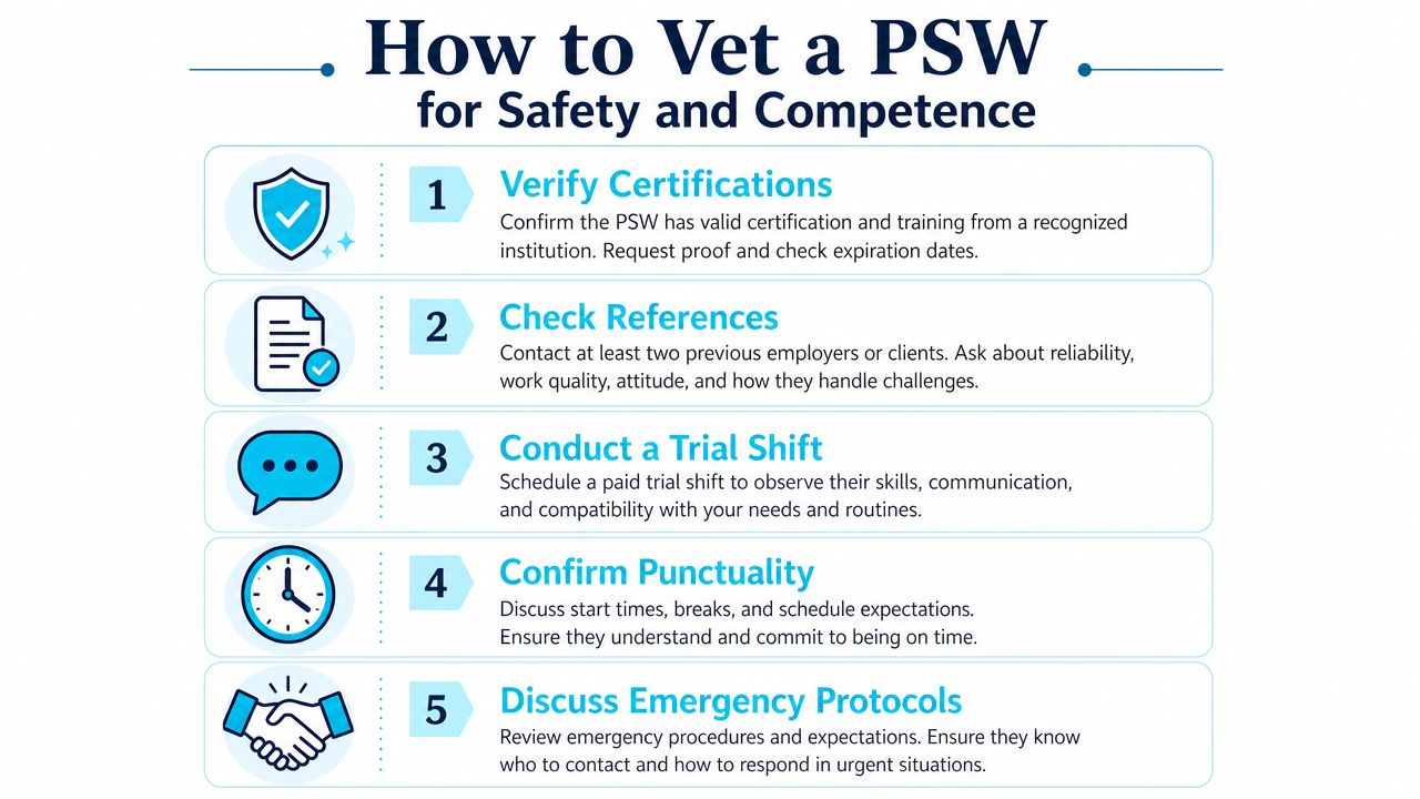 An infographic titled How to Vet a PSW for Safety and Competence showing five essential steps.