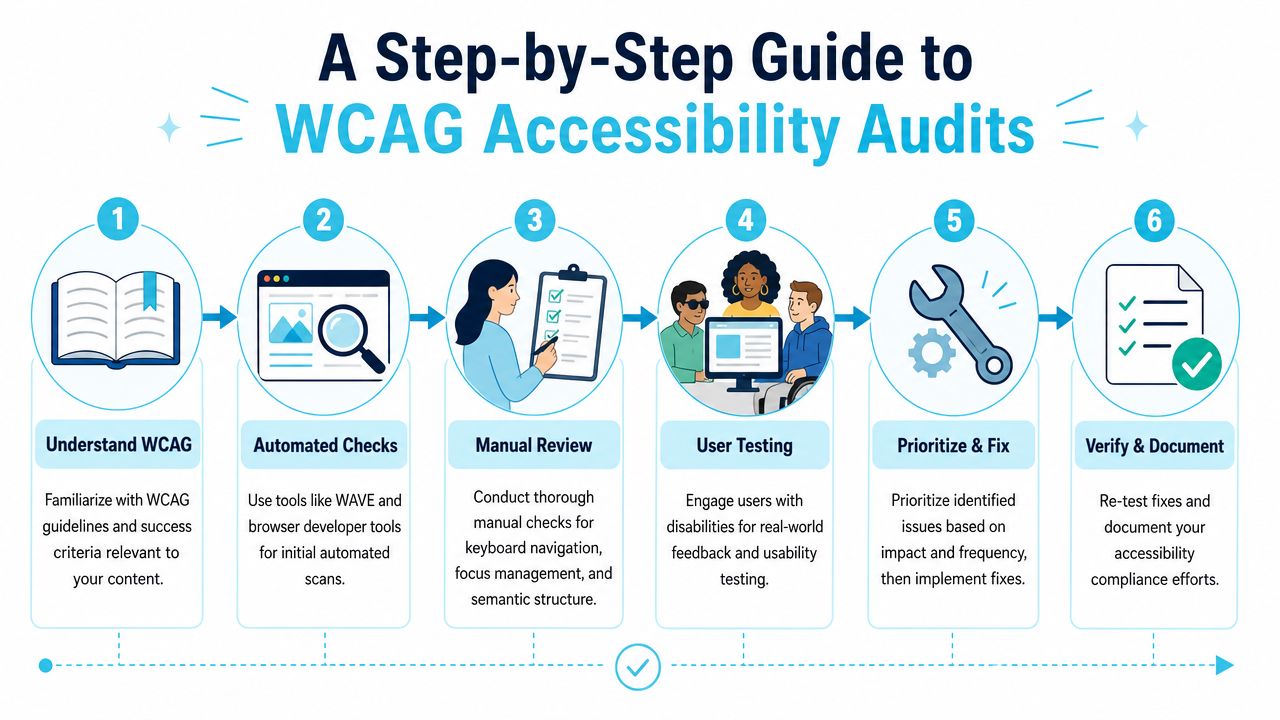 An infographic showing a six-step process for conducting accessibility audits based on WCAG standards.